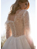 Long Sleeves Beaded Ivory Lace Tulle Slit Sparkly Wedding Dress